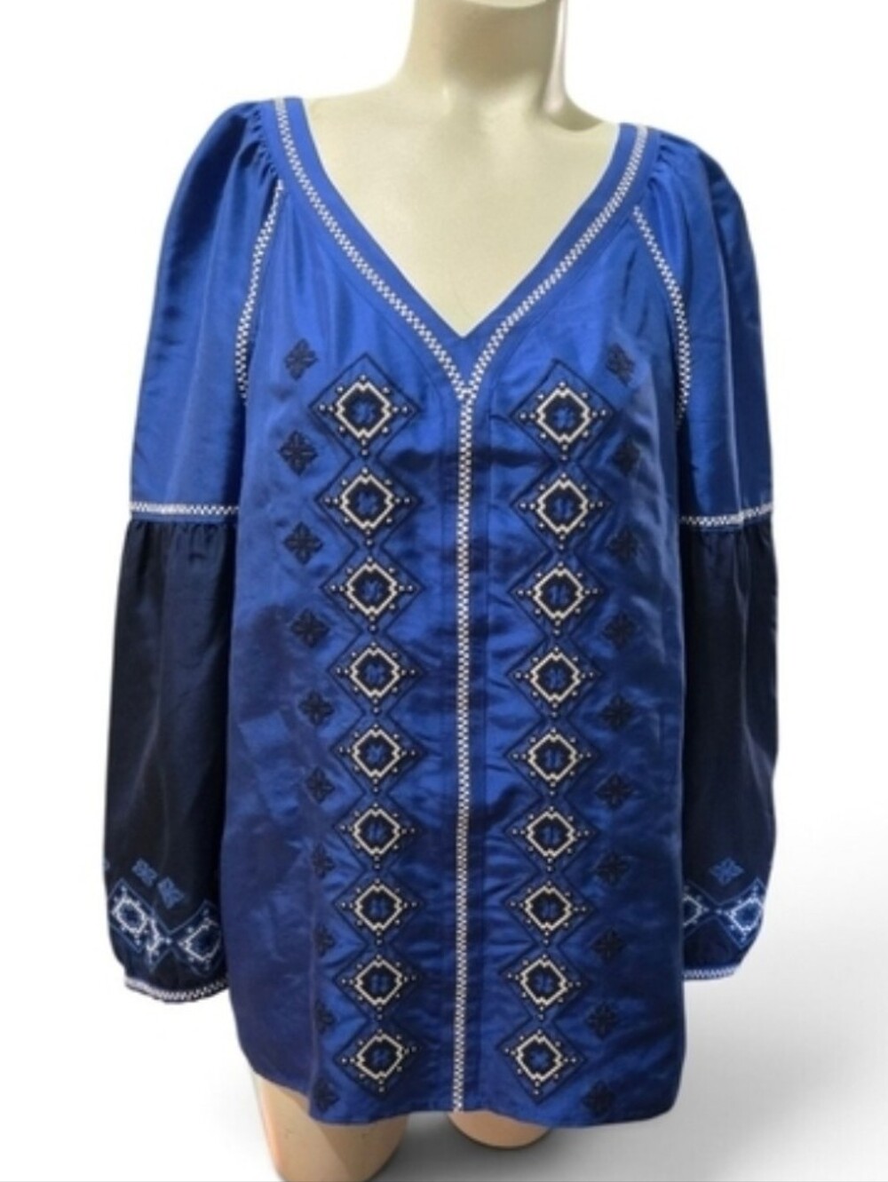 Tory Burch 100% Silk Embroidered Blue Tunic Blouse Size 6